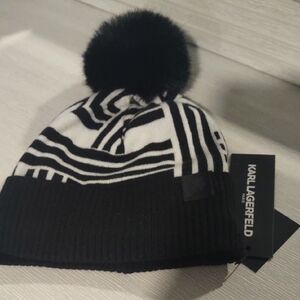 Karl Lagerfeld Womans Striped Black and White Hat W/Faux Fur